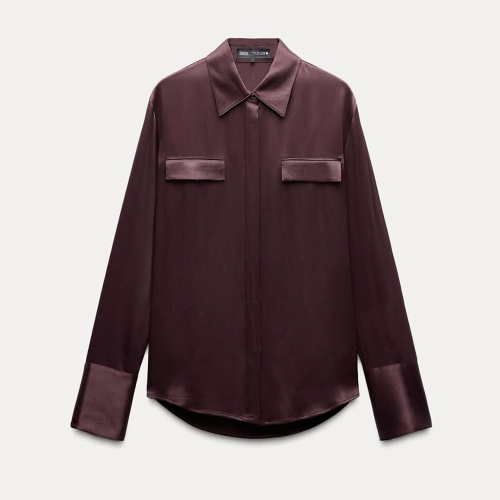 Zara Satin Burgundy Button Down Shirt